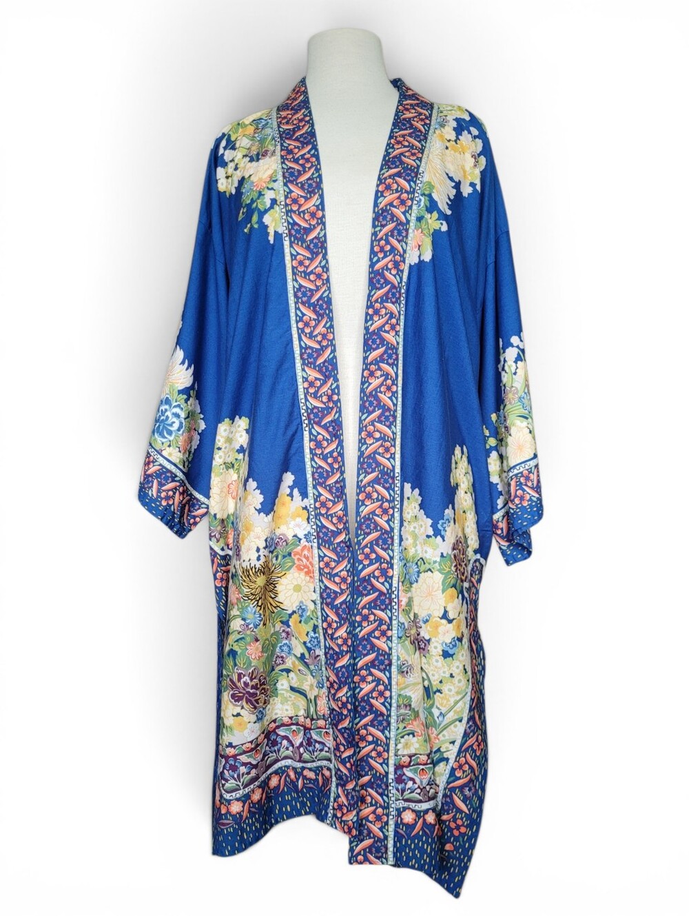 Vintage 70s Japanese Floral Cotton Kimono Robe Duster Boho Festival